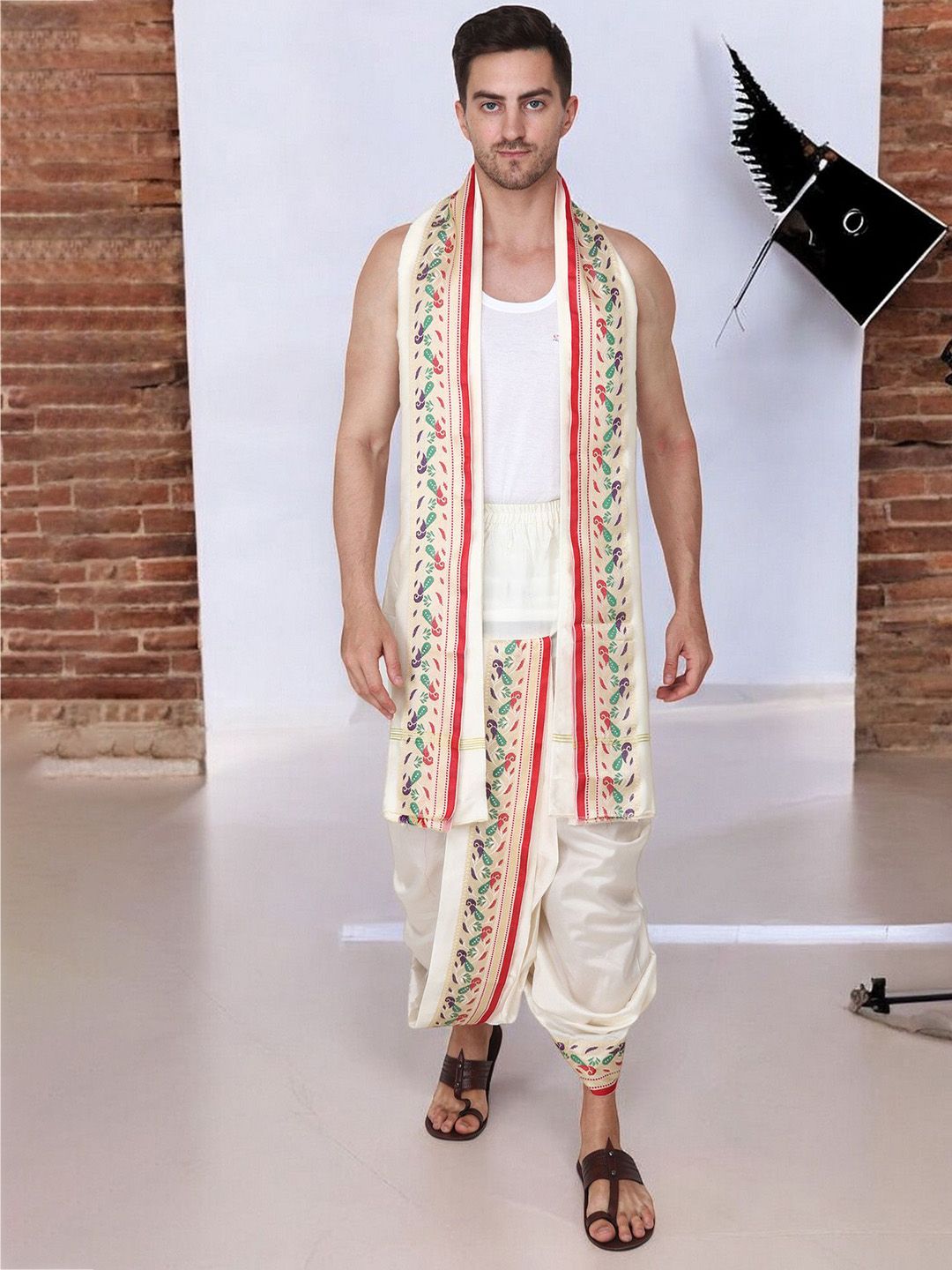RAMESHWARAM FABRICS Men Printed Art Silk Dhoti Pants and Angavastram Set