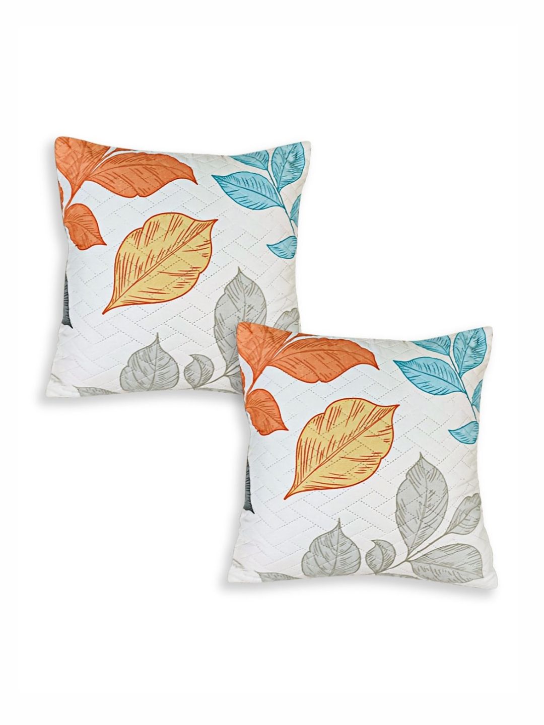 HOKIPO White and Blue 2 Pieces Leaves Printed Square Cushion Covers