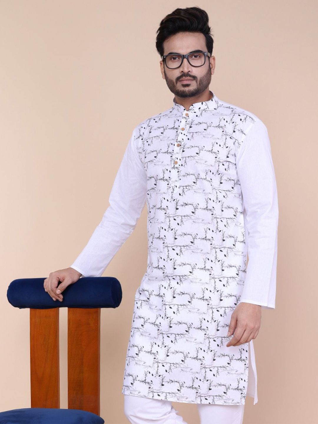 W & G Floral Printed Cotton Mandarin Collar Straight Long Kurta