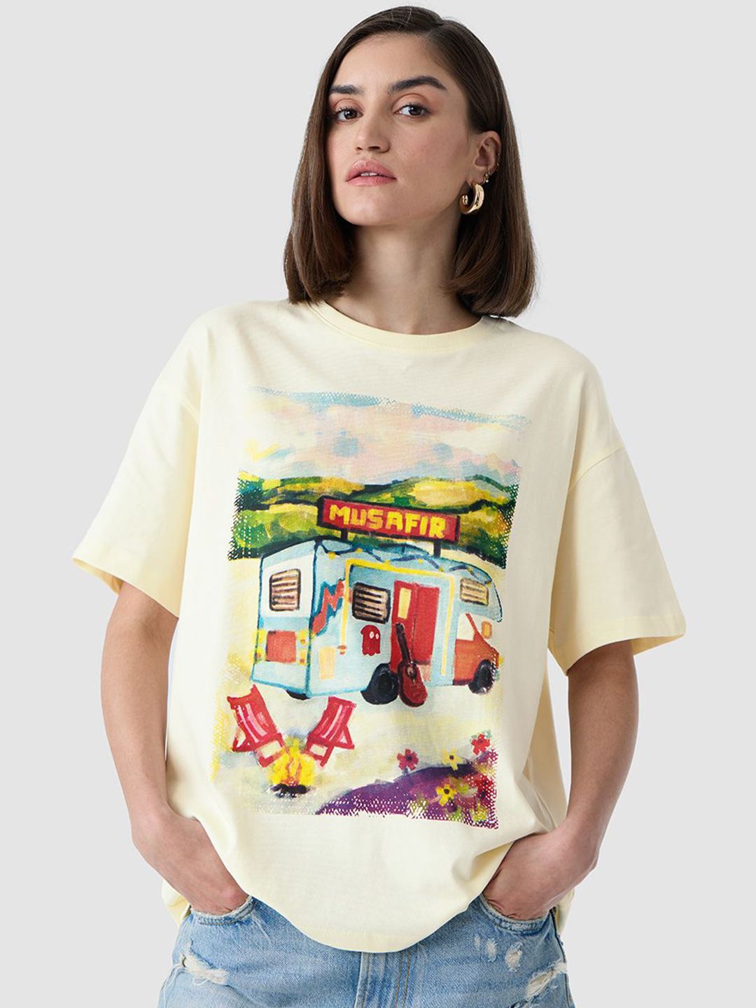 The Souled Store Women Oversized Fit Printed Off White T-Shirts
