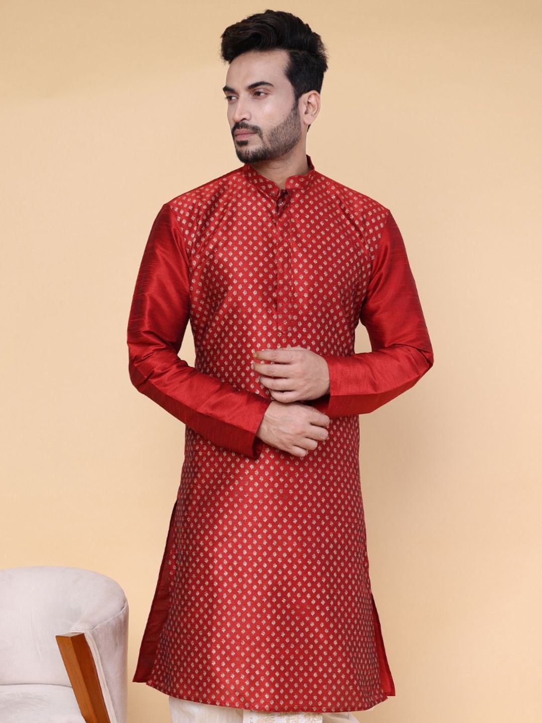 W & G Silk Mandarin Collar Straight Long Kurta