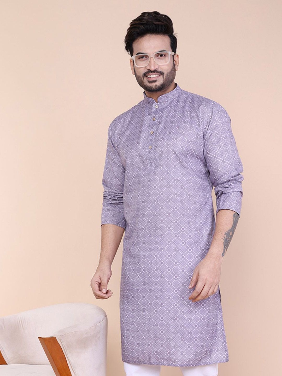 W & G Geometric Printed Cotton Mandarin Collar Straight Long Kurta