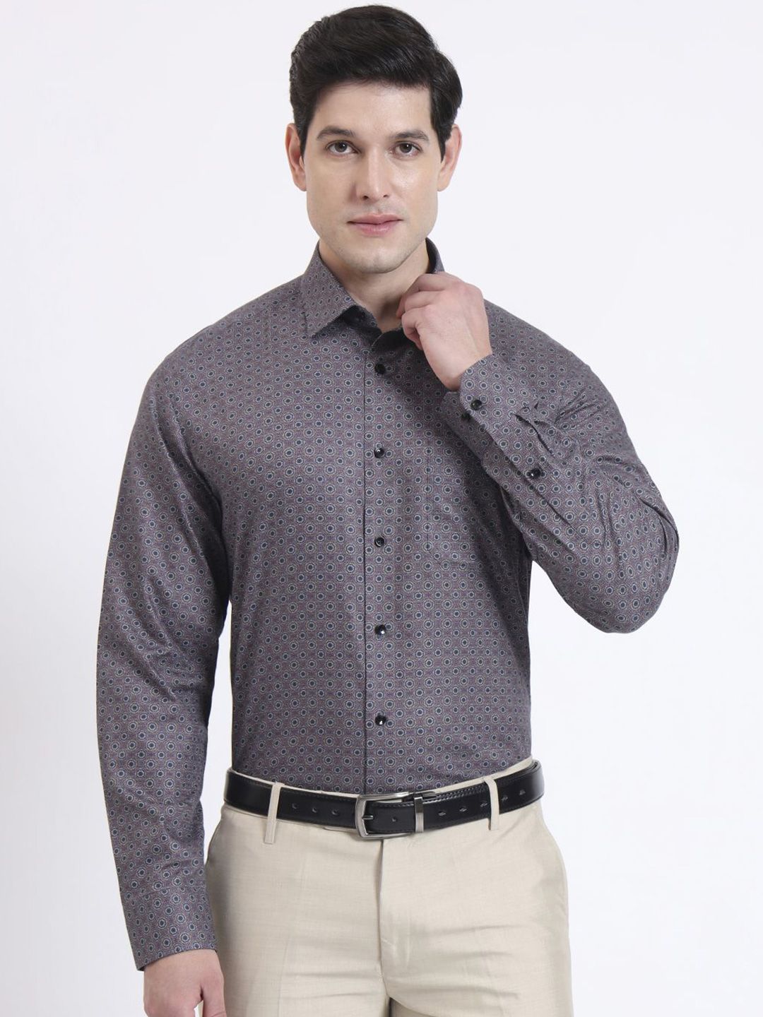 JADE BLUE Geometric Printed Cutaway Collar Cotton Shirt