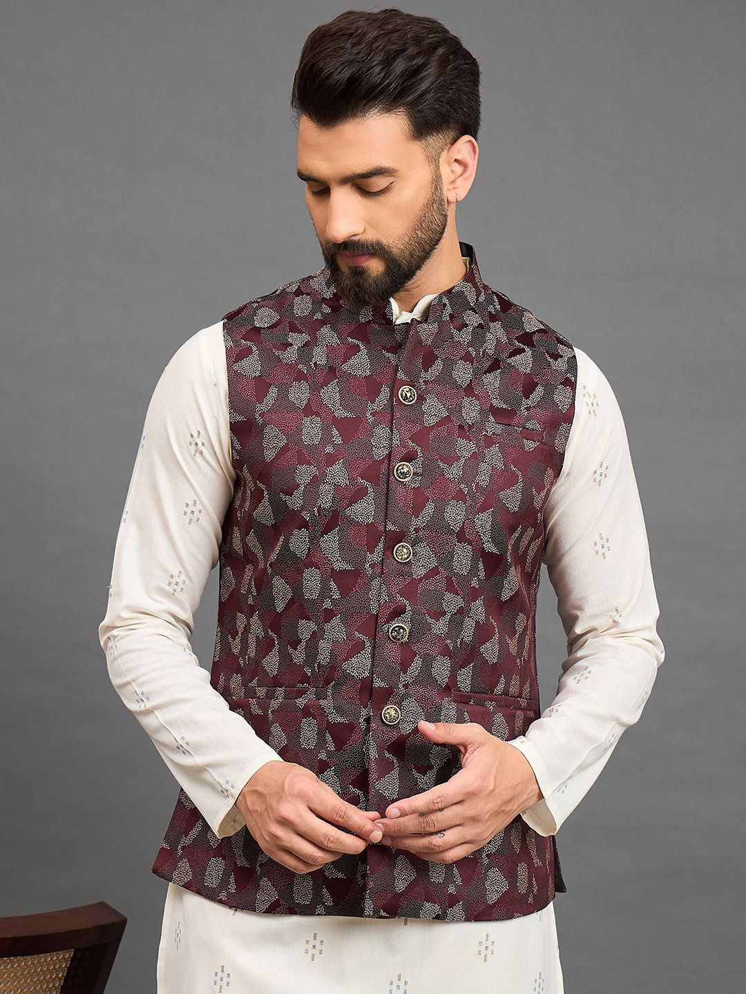 House of Pataudi Jacquard Woven Design Mandarin Collar Nehru Jacket