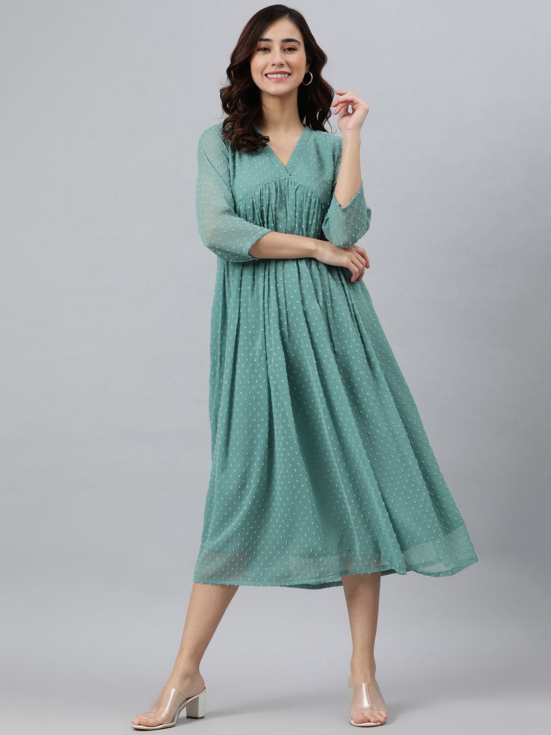 Janasya Self Design Flared Ethnic Dress