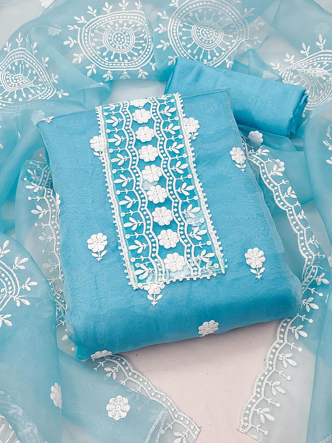 HERE&NOW Floral Embroidered Thread Work Organza Unstitched Dress Material