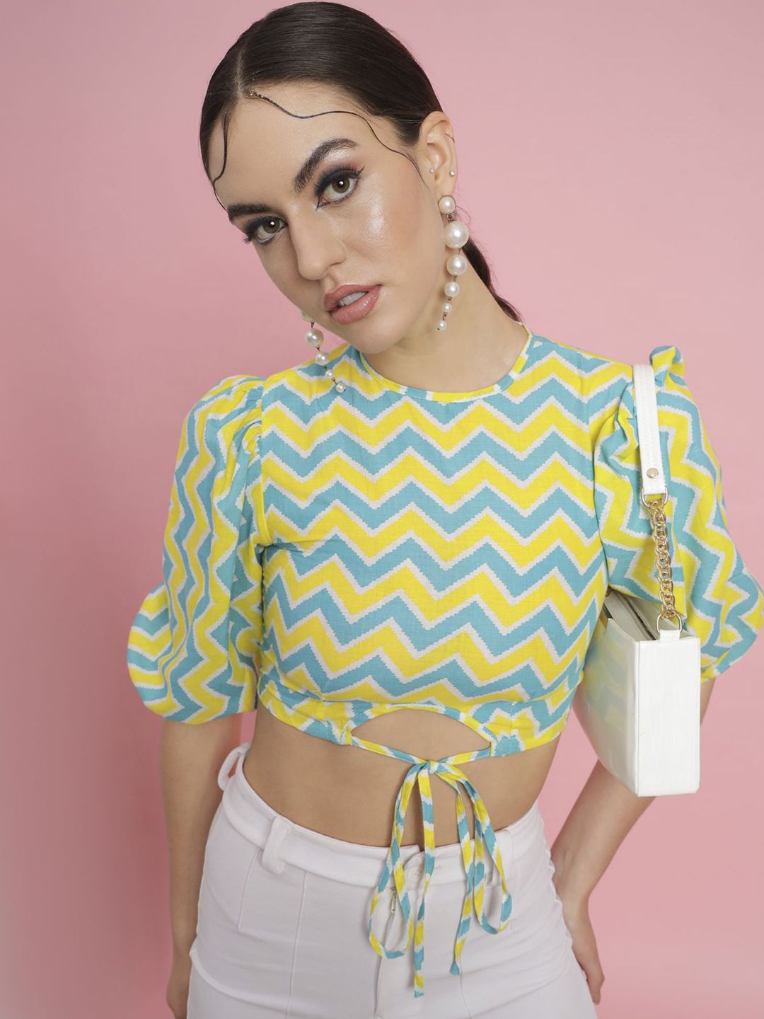 BAESD Geometric Print Puff Sleeve Cotton Blouson Crop Top