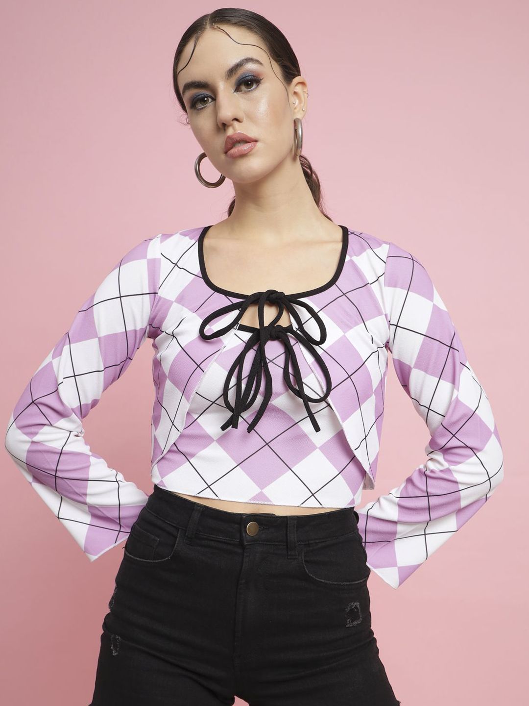 BAESD Checked Tie-Up Neck Flared Sleeve Crop Top