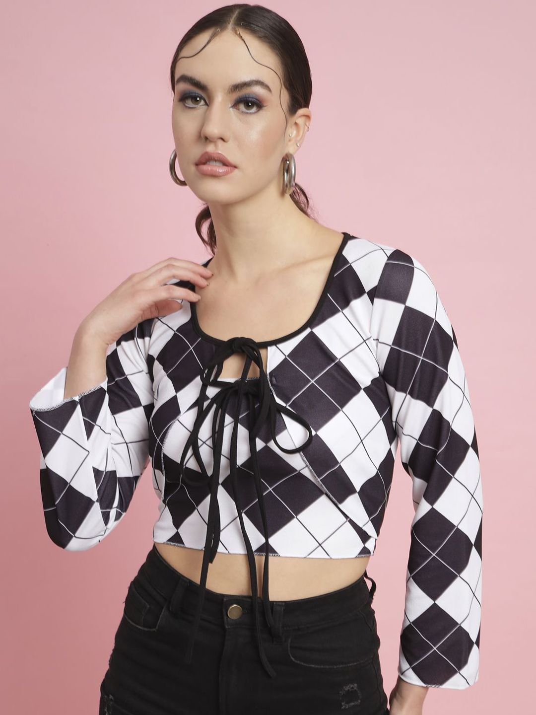 BAESD Checked Tie-Up Neck Blouson Crop Top