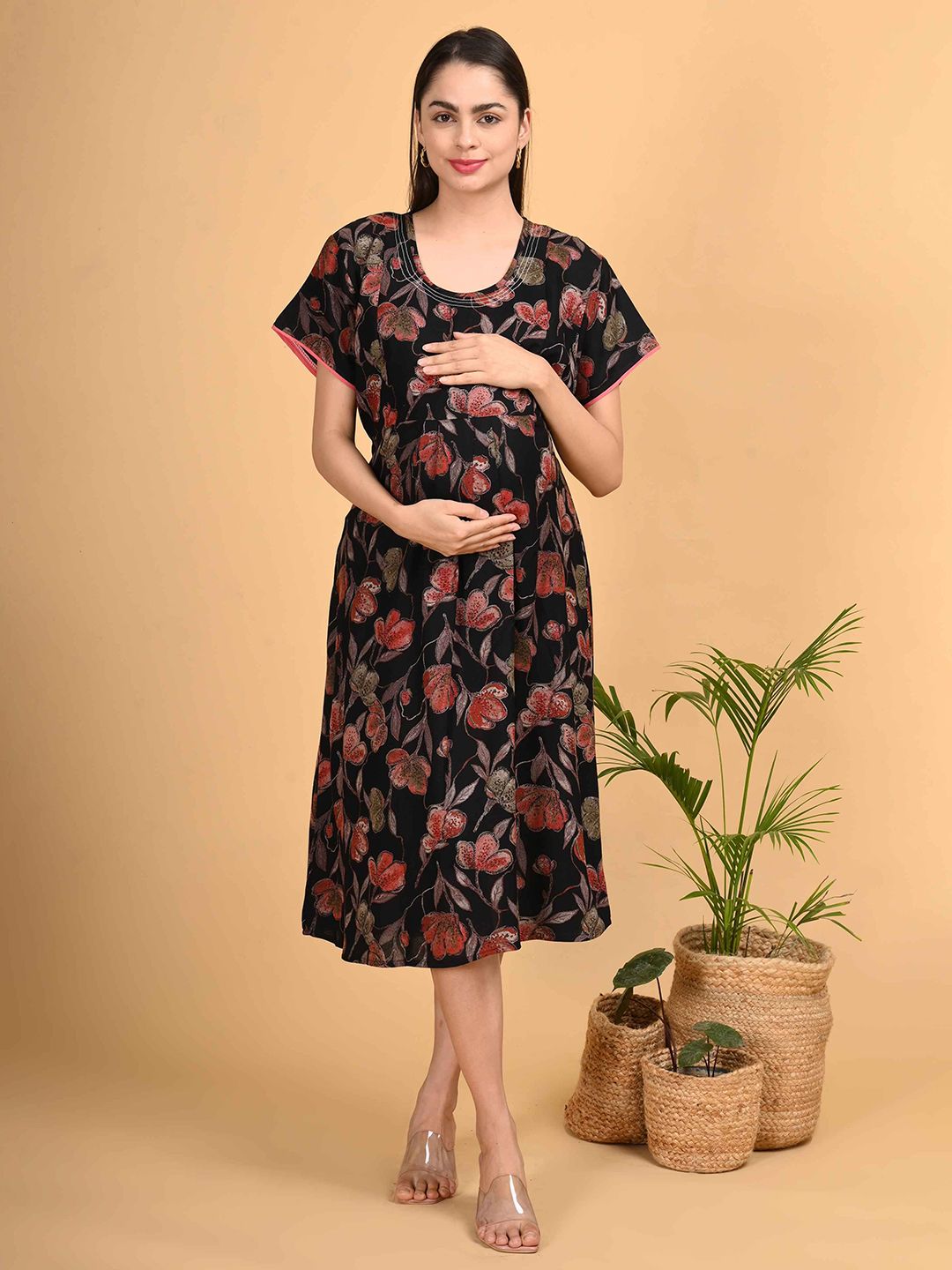 GOLDSTROMS Floral Print Maternity A-Line Midi Dress