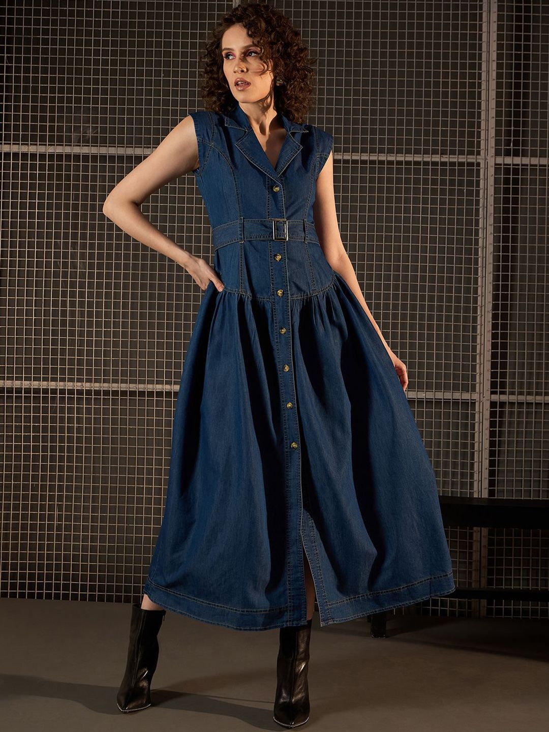 Buy Chemistry Solid Shirt Collar Denim Maxi Dress - Dresses for
