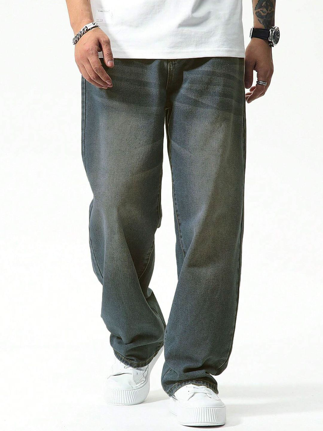 SZN Men Grey Wide Leg Mid-Rise Jeans