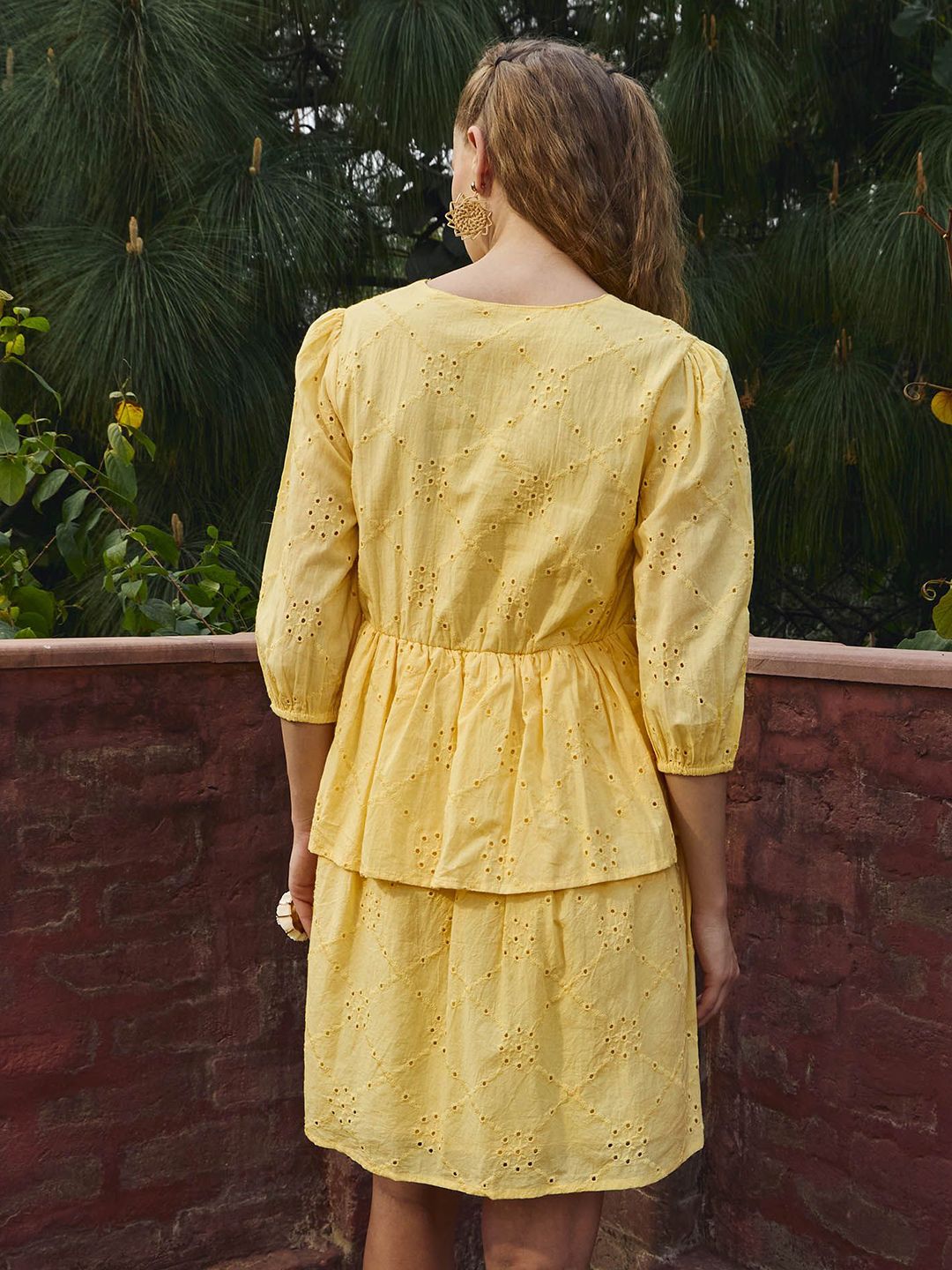 Buy SASSAFRAS Women Yellow Schiffli V-Neck Frill Detail Short