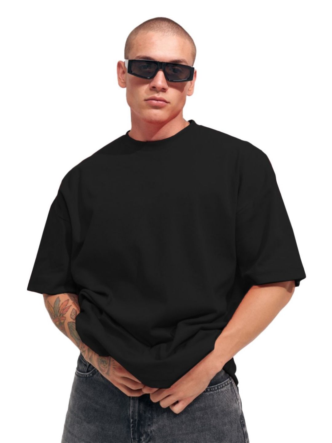 Leotude Men Solid Round Neck Cotton Oversized T-shirt