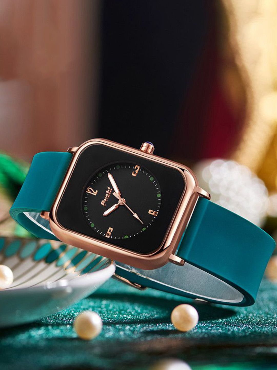 Poshi Women Square Dial Silicone Strap Watch with Adjustable Clasp