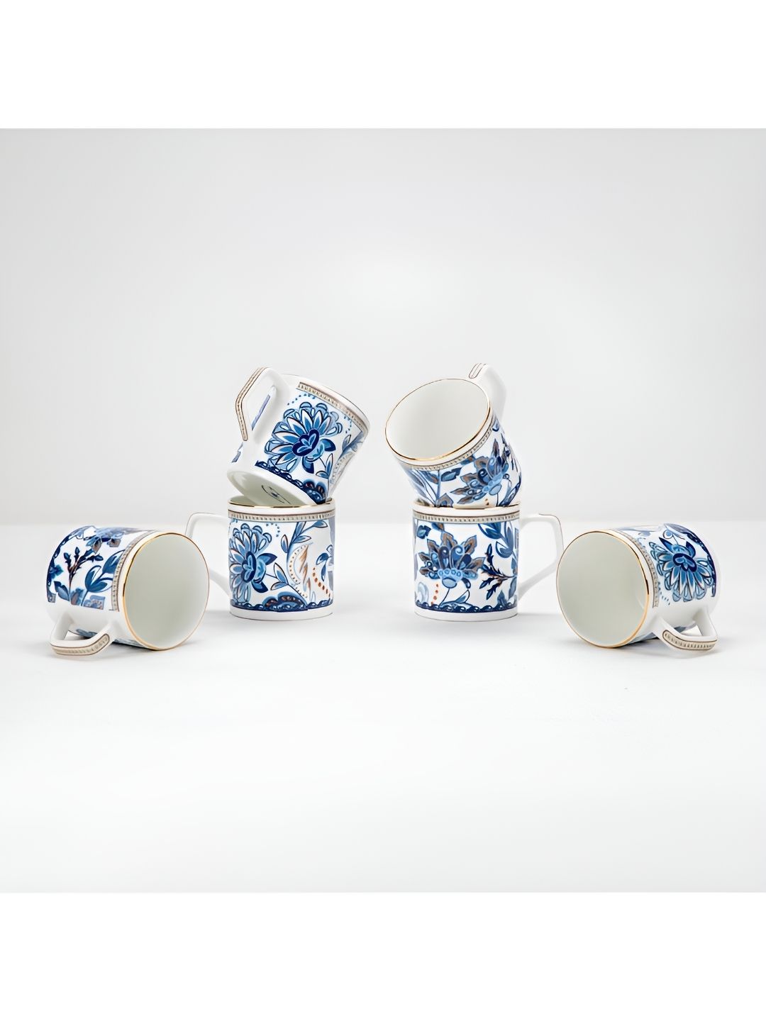 GOLDEN QUEEN'S Blue Floral Bone China Microwave Safe 6 Piece Cups-300ml