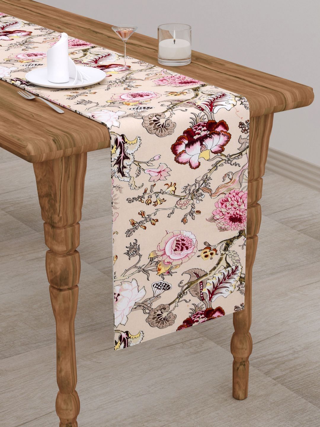 The Home Story Beige & Maroon Printed Pure Cotton TableRunner