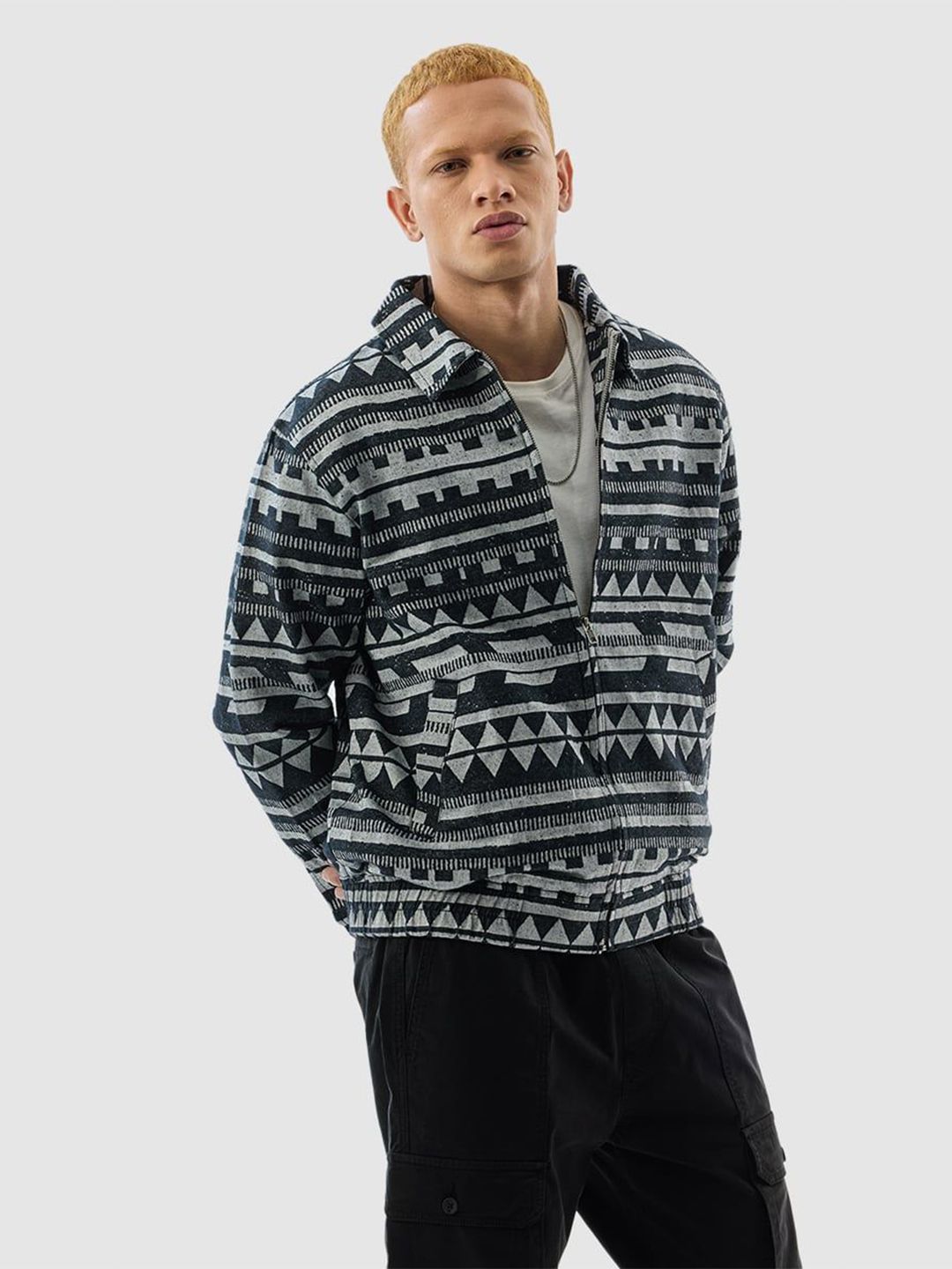 Snitch Charcoal Grey Geometric Relaxed Fit Jacket