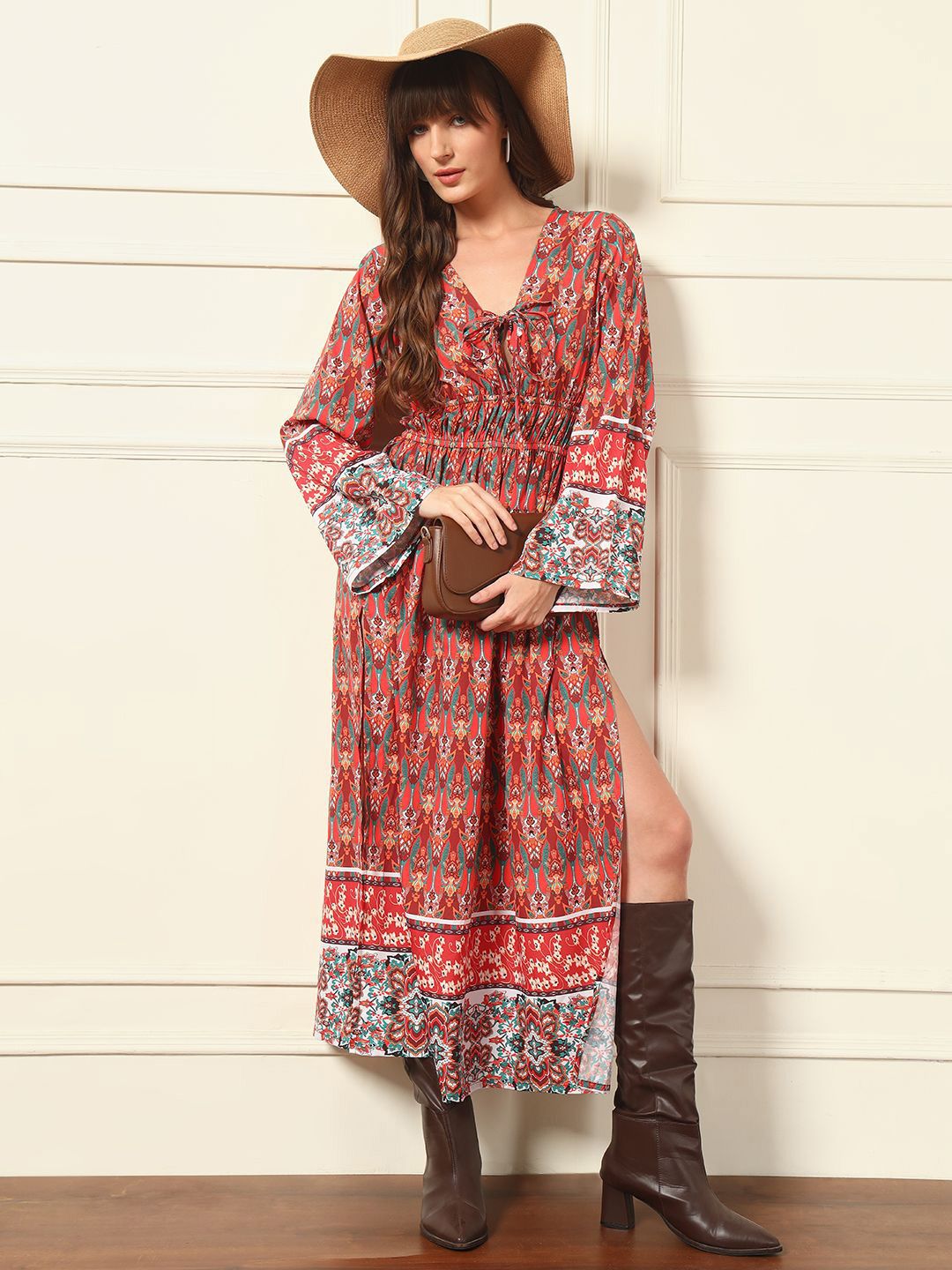 BAESD Women Ethnic Motifs Printed Tie-Up Neck Crepe A-Line Maxi Dress