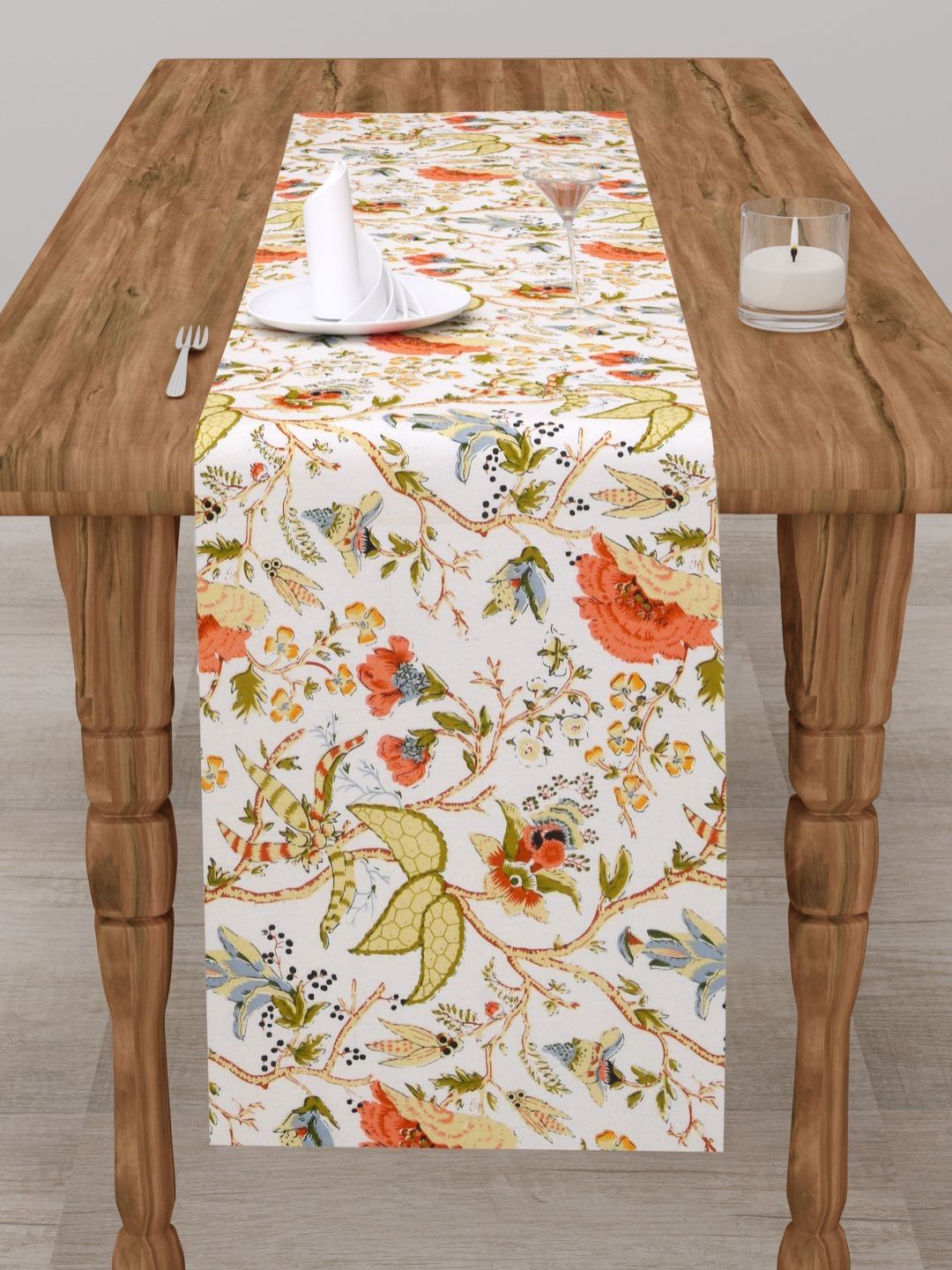 The Home Story White & Orange-Colored Printed Pure Cotton TableRunner