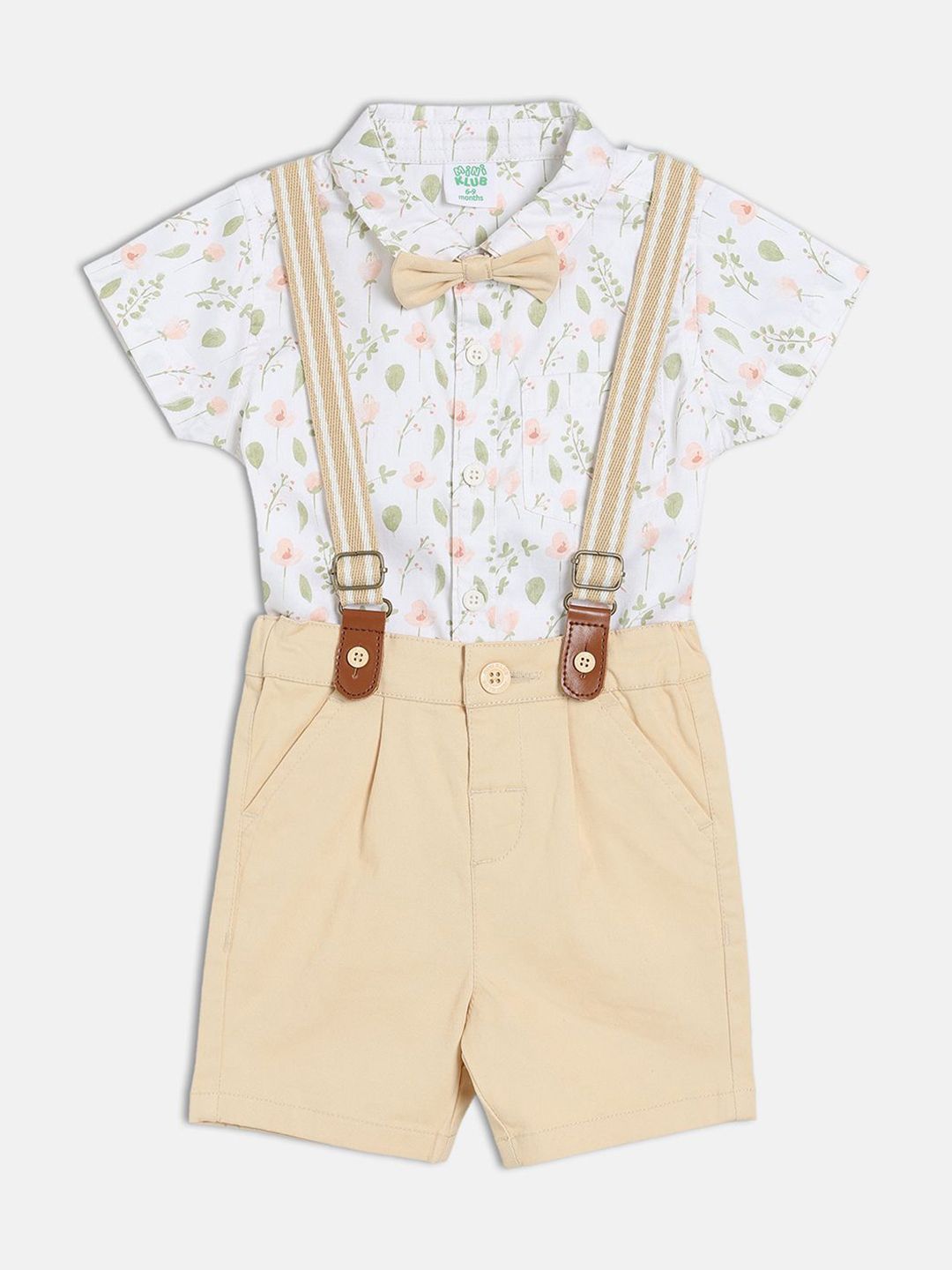 MINI KLUB Boys Floral Printed Short Sleeves Pure Cotton Shirt With Shorts & Suspenders