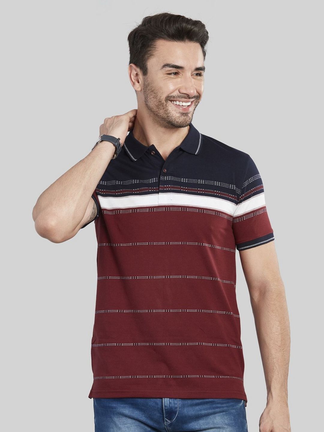 BE POSITIVE Men Striped Polo Collar T-shirt