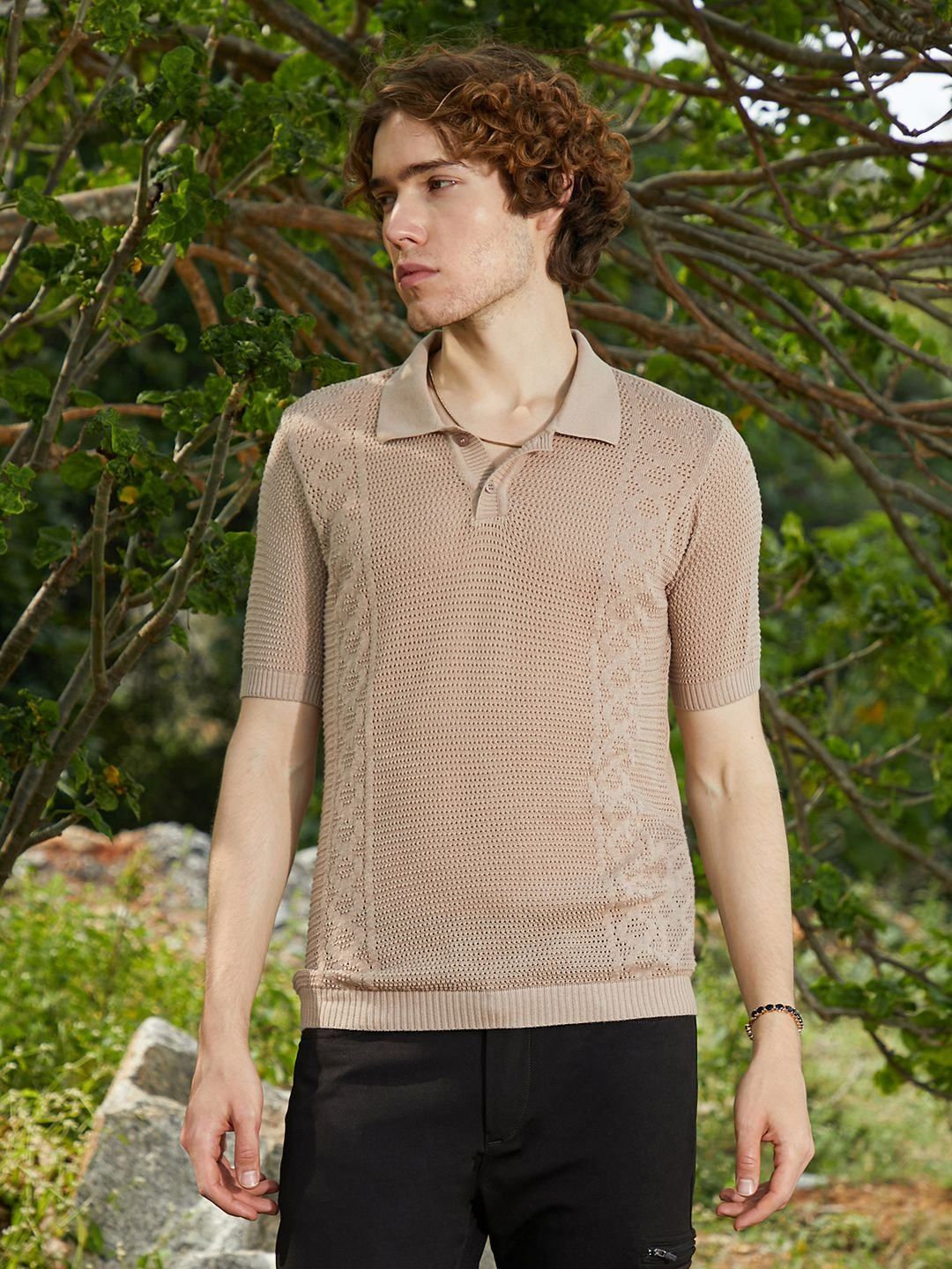 CAHOOT Men Polo Collar Extended Sleeves Applique T-shirt