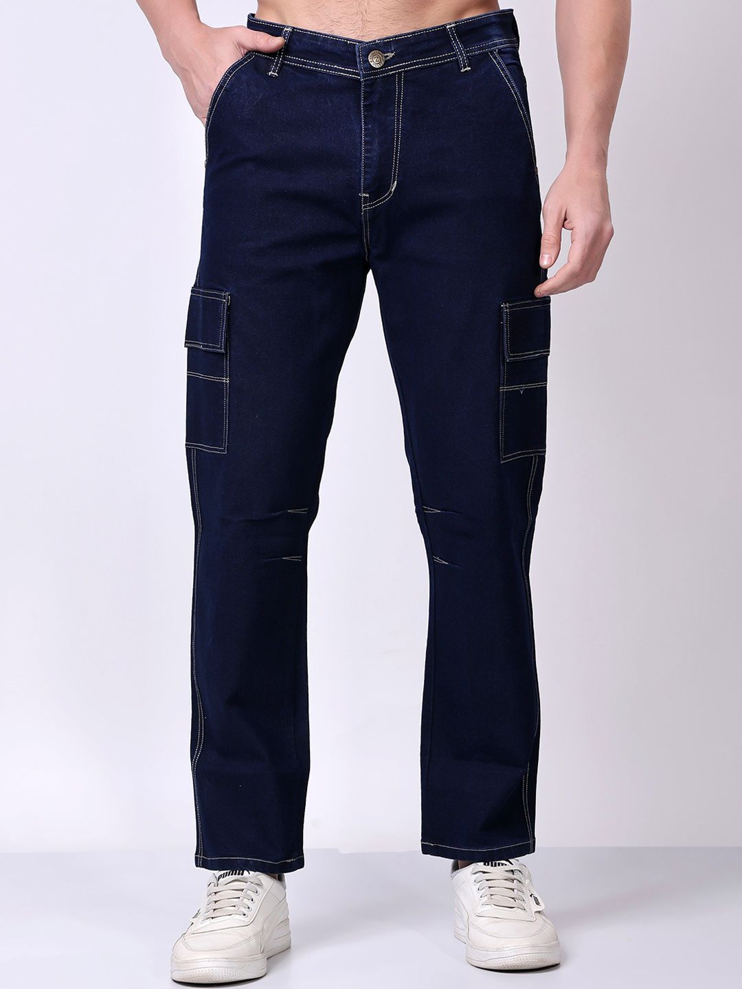 ZAYSH Men Regular Fit Mid-Rise Cargo Style Mildly Distressed Non Stretchable Jeans
