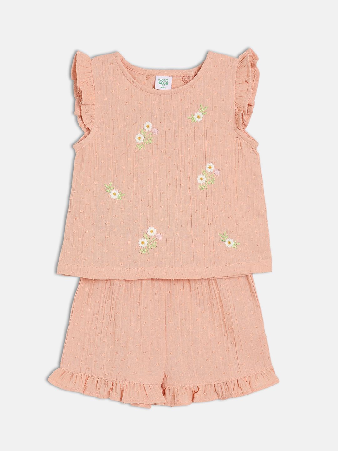 MINI KLUB Girls floral Embroidered Round Neck Sleeveless Pure Cotton Top With Shorts