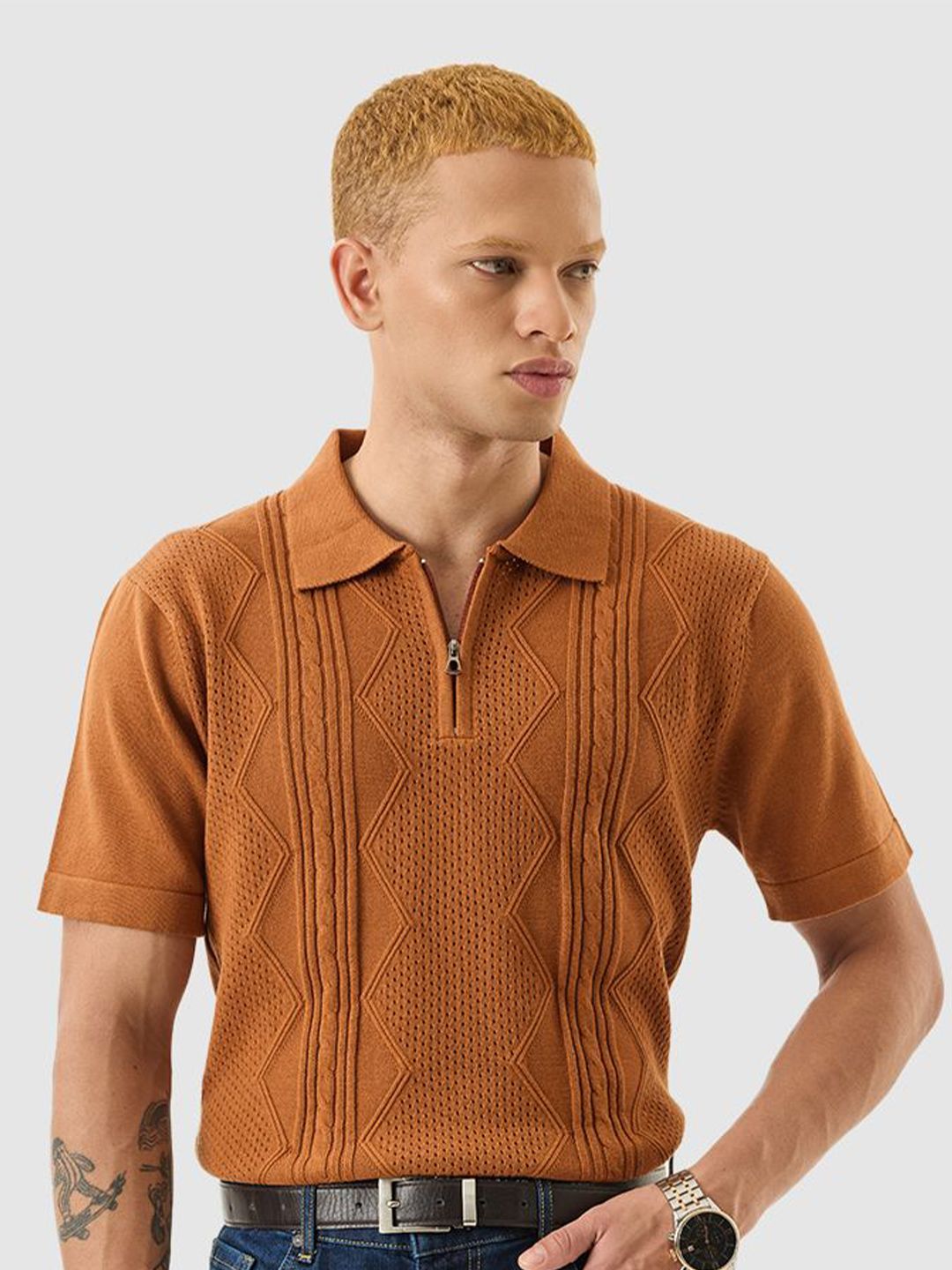 Snitch Men Polo Collar Slim Fit Self Design Cotton T-shirt Offers & Cashback