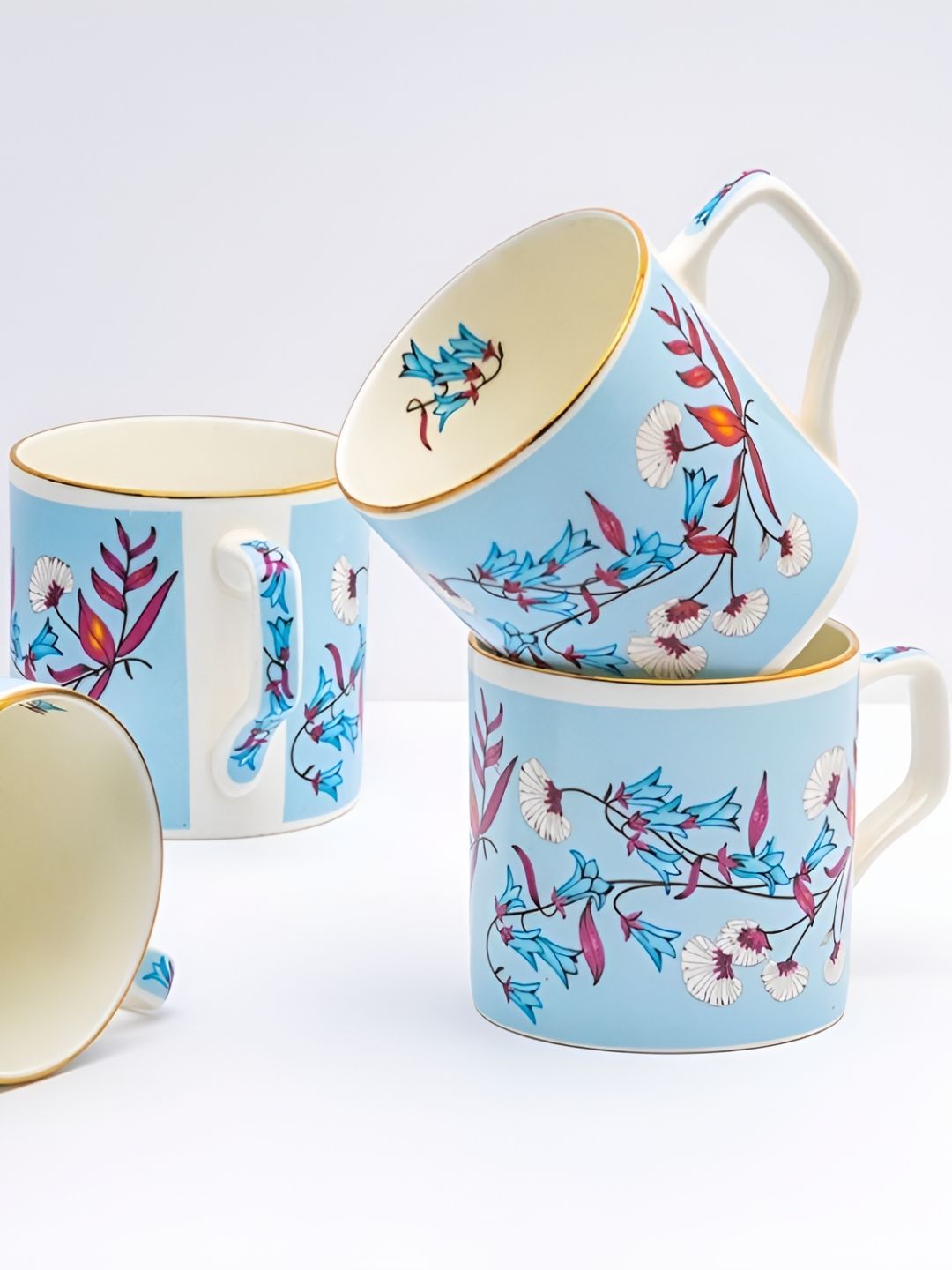 GOLDEN QUEEN'S Blue Floral Bone China Handcrafted 6 Piece Cups-200ml
