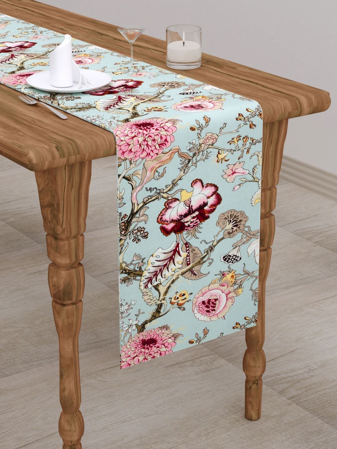 The Home Story Blue & Pink Floral Printed Pure Cotton Table Runner