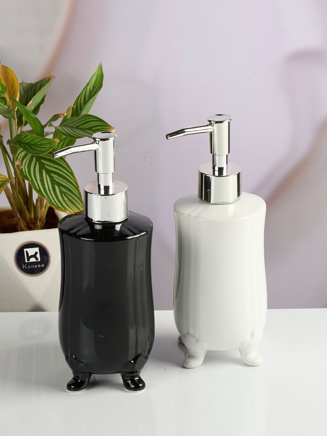 Kookee Black & White 2 Pieces Textured Ceramic Soap Dispensers-400 ml