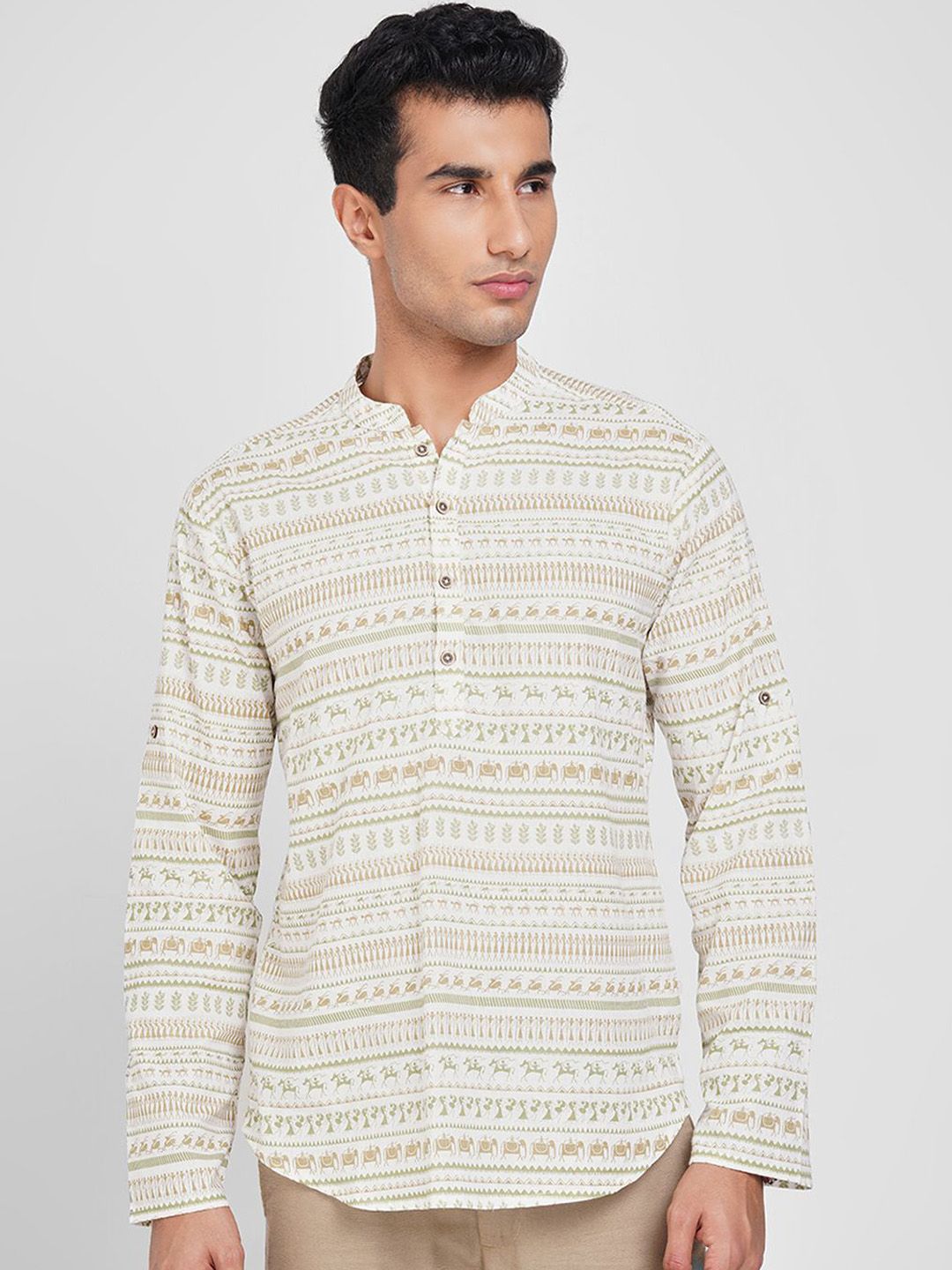 indus route by Pantaloons Men Geometric Printed Thread Work Straight Kurta