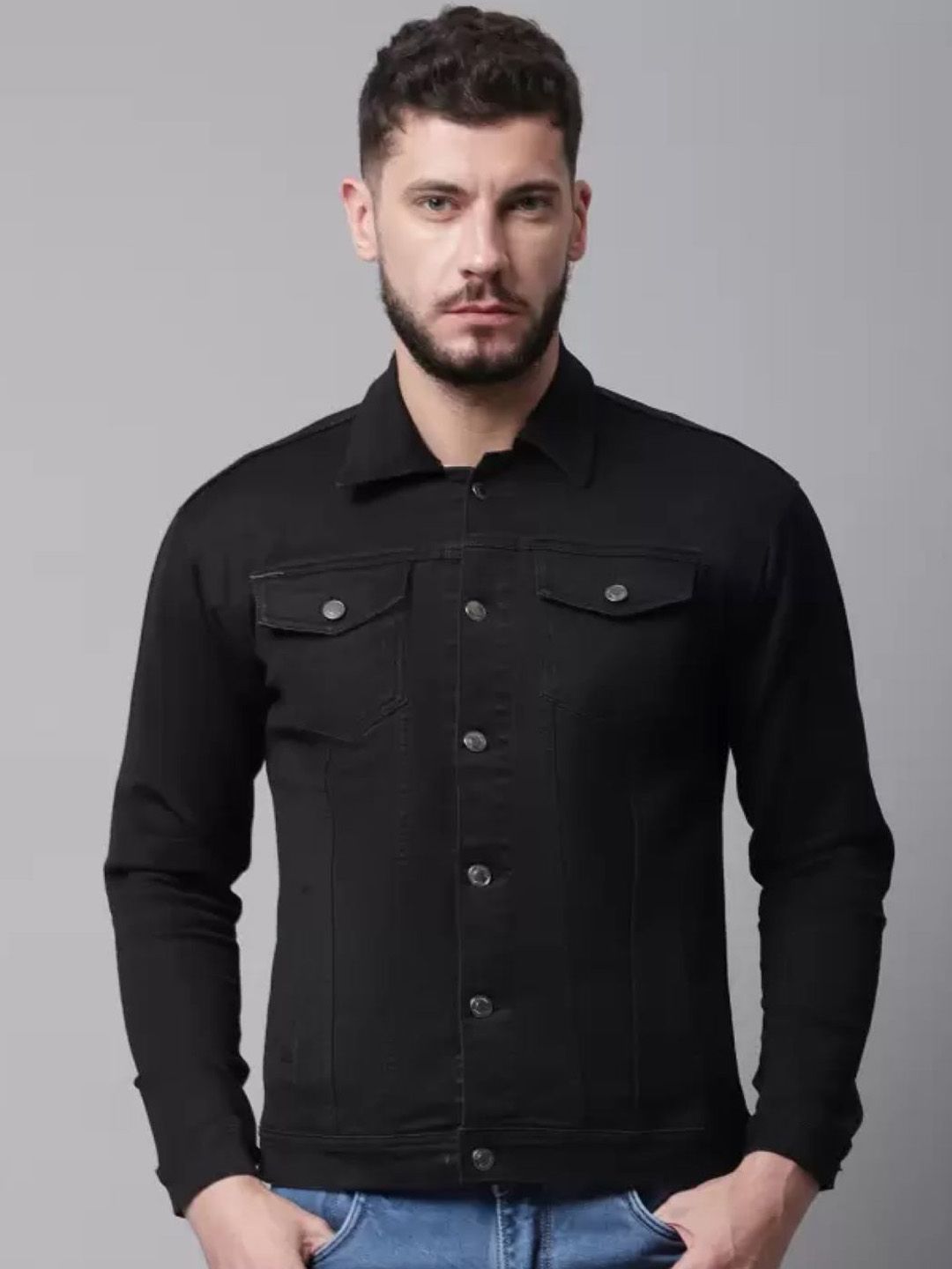 Moda Rapido Men Spread Collar Solid Denim Jacket