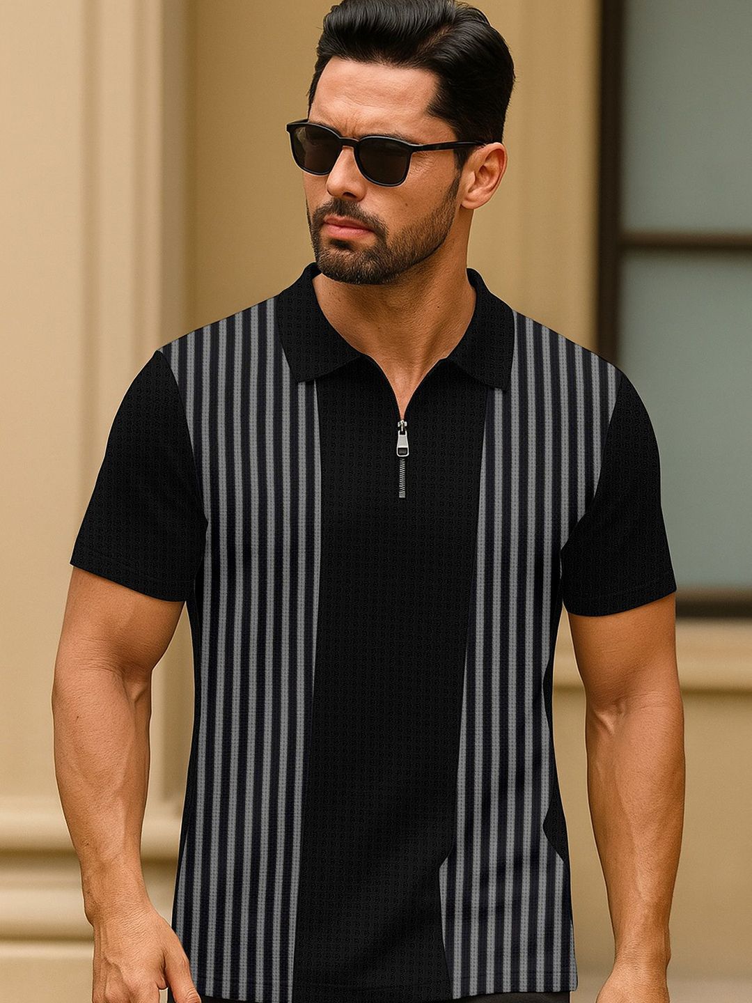KAJARU Men Striped Polo Collar T-shirt