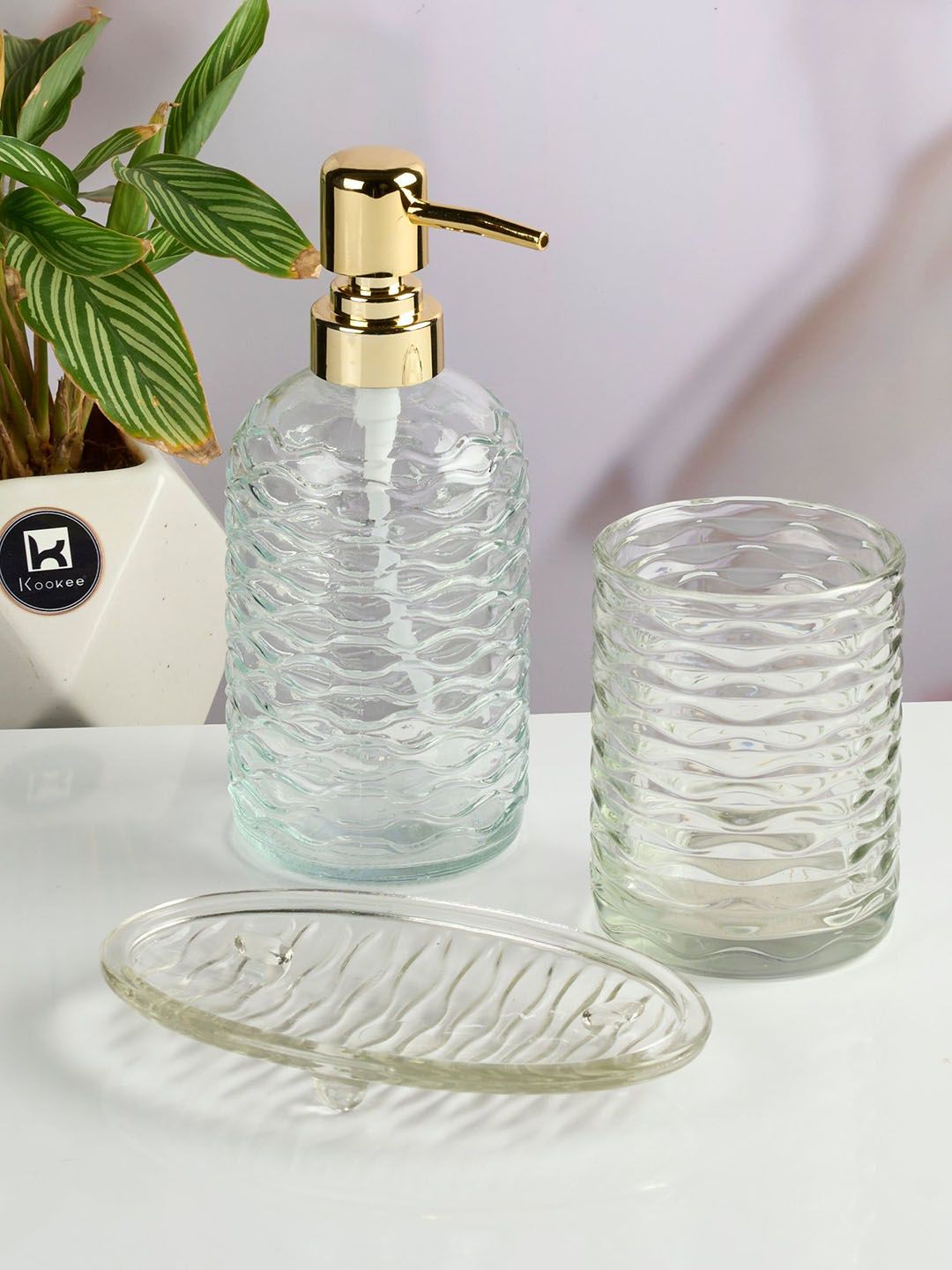 Kookee Transparent & Gold-Toned 3 Pieces Textured Glass Bath Accessories Set