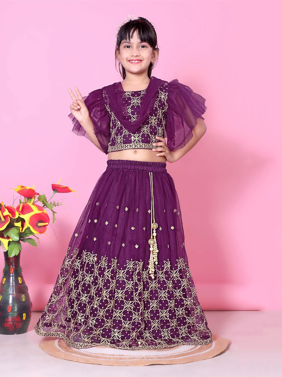 BAESD Girls Embroidered Thread Work Net Ready to Wear Lehenga & Blouse With Dupatta