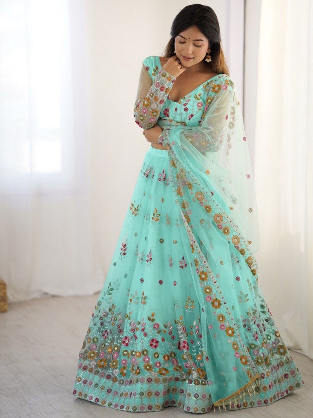 SWEETPEL Floral Embroidered Sequinned Semi-Stitched Lehenga & Unstitched Blouse Set