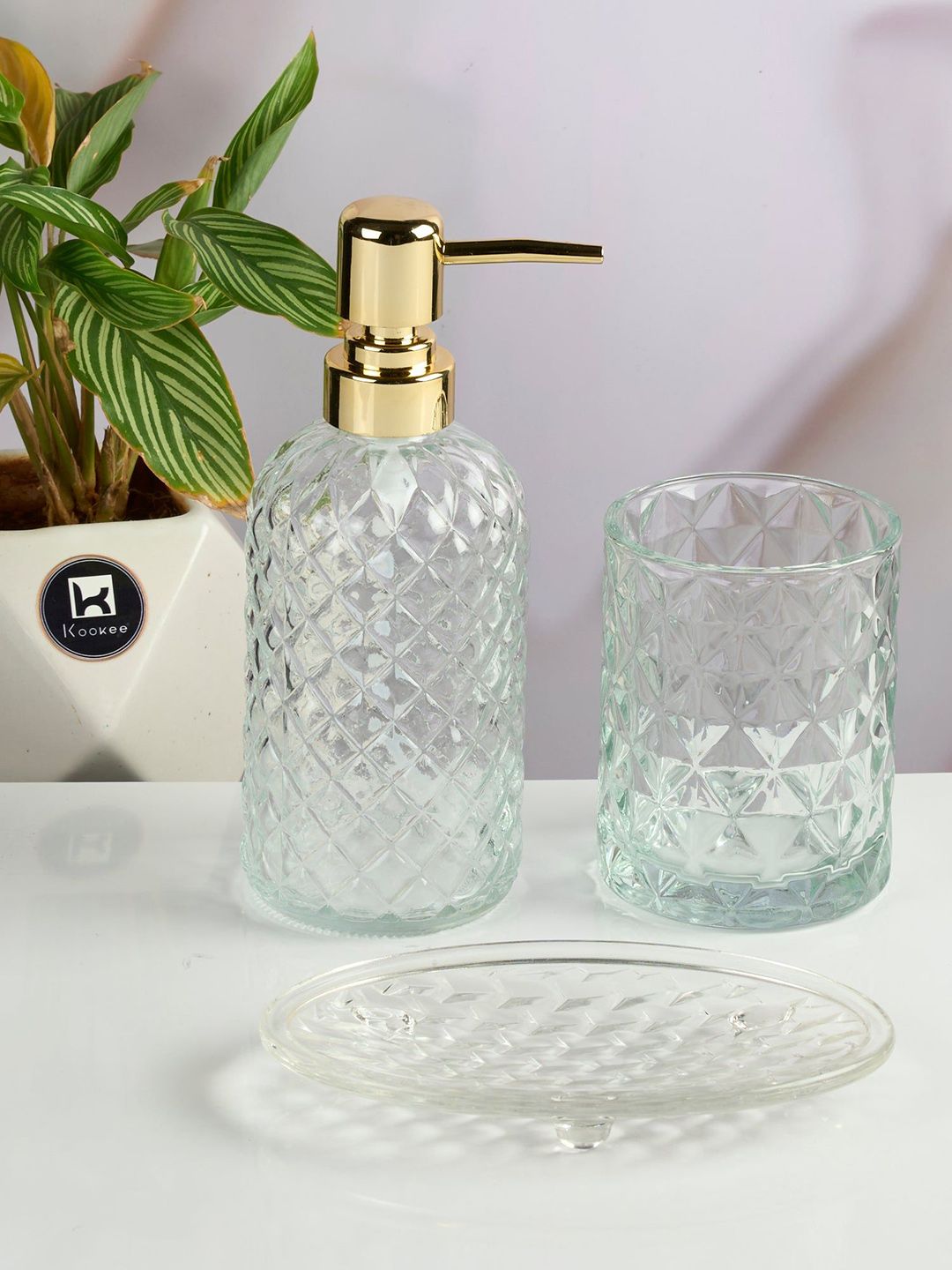 Kookee Transparent & Gold Toned 3 Pieces Textured Glass Bath Accessories Set