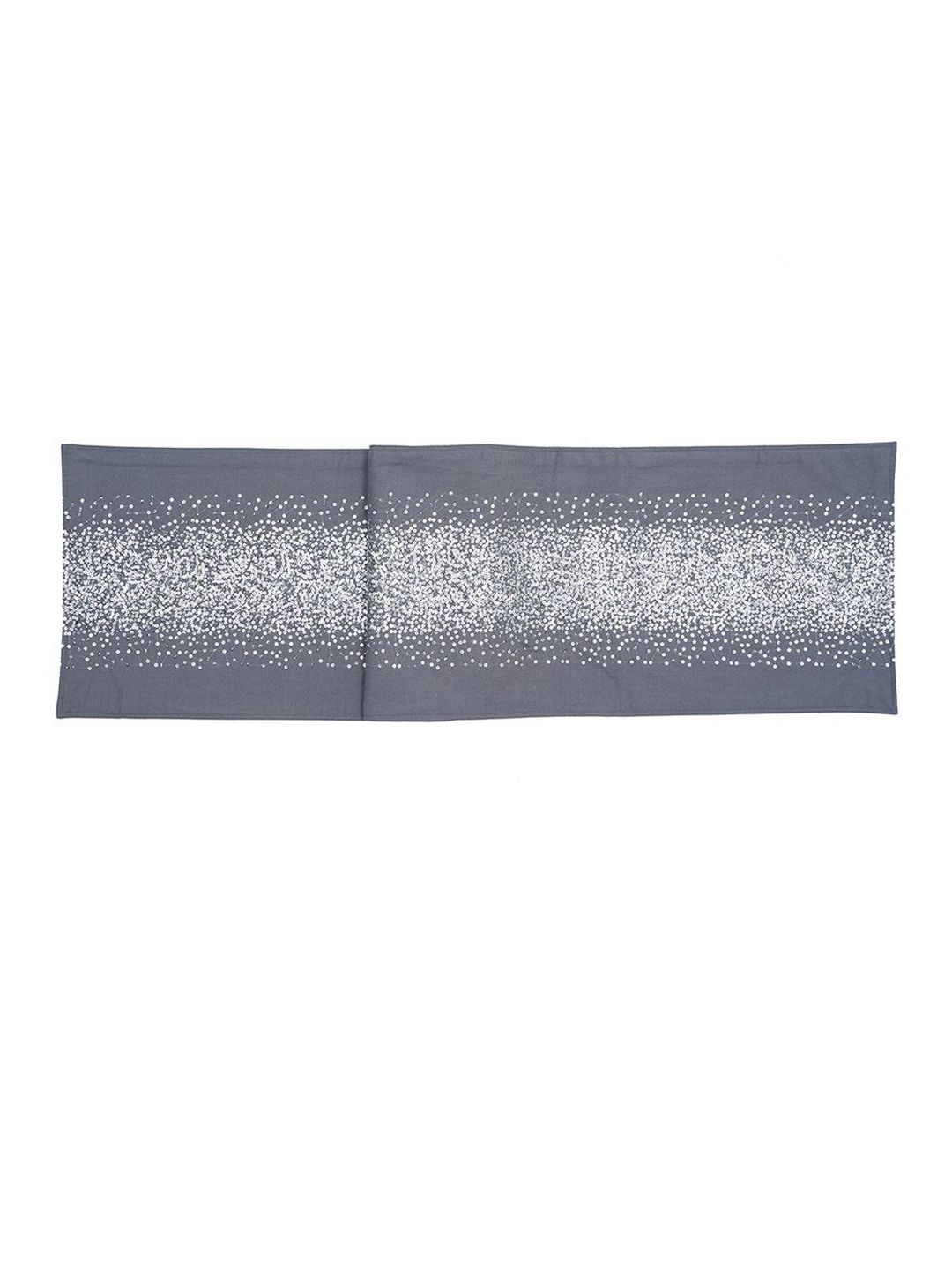 MASPAR Ash Grey & Silver Toned Printed Cotton 4 Seater Table Runner