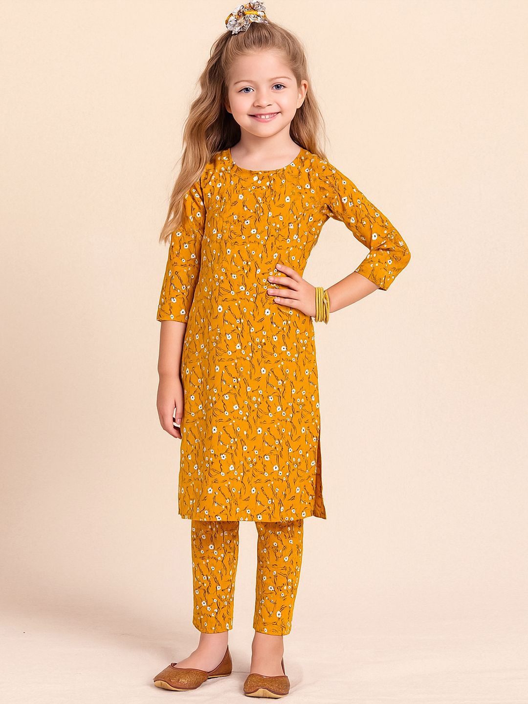 A.T.U.N. Girls Floral Printed Three-quarter Sleeve Kurti and Pant Set