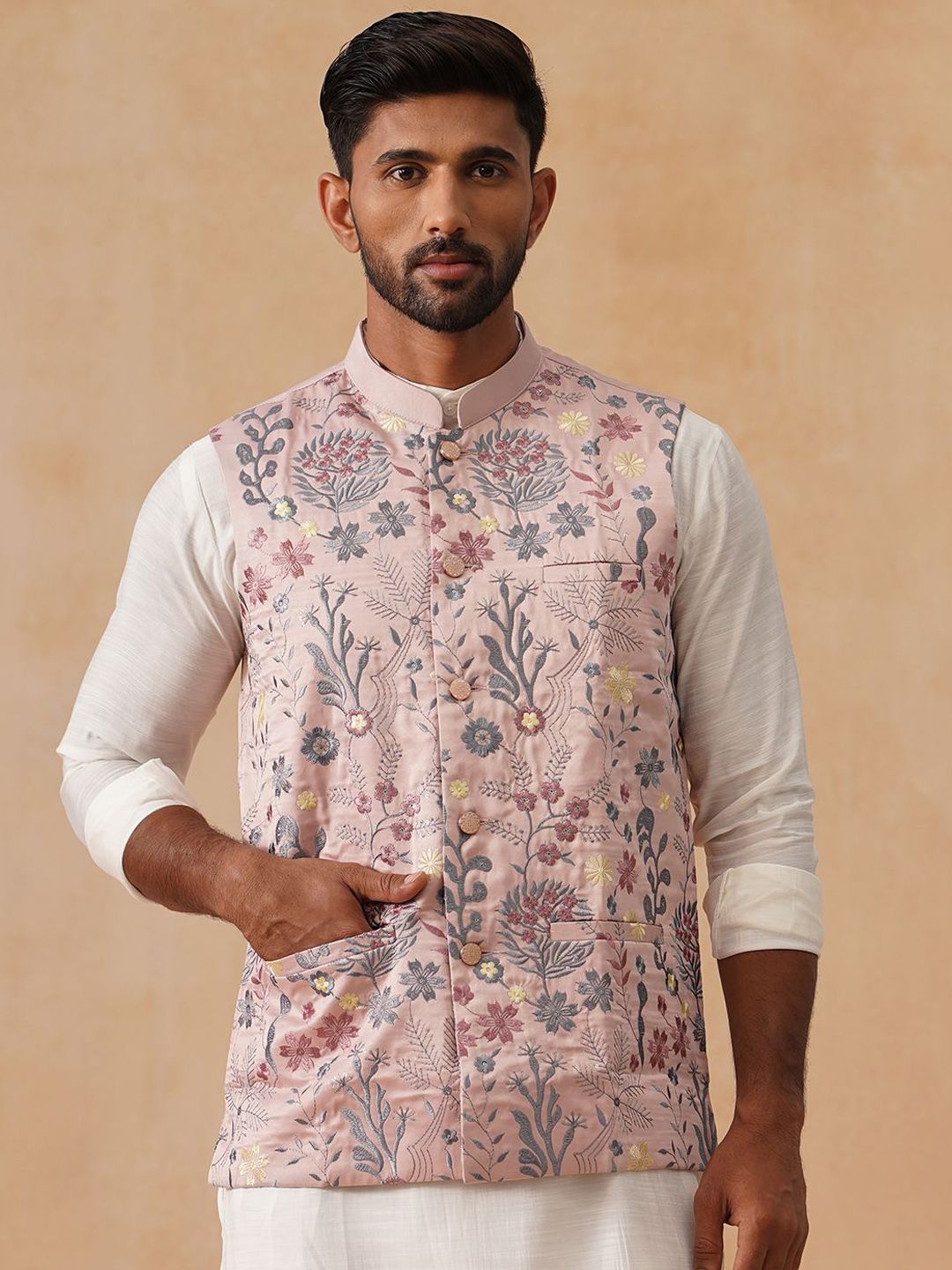 Jompers Men Floral Embroidered Nehru Jacket