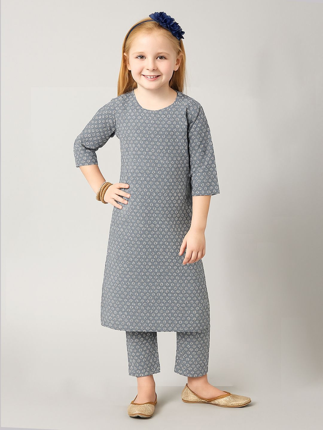 A.T.U.N. Girls Floral Printed Three-quarter Sleeve Kurti and Pant Set