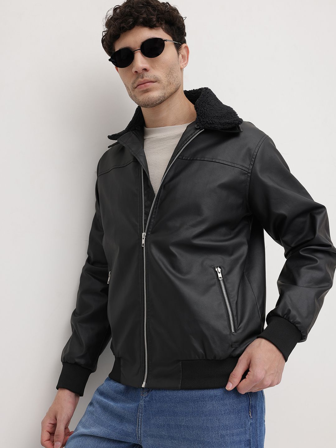 The Roadster Life Co. Faux Leather Spread Collar Bomber Jacket with Sherpa Detail