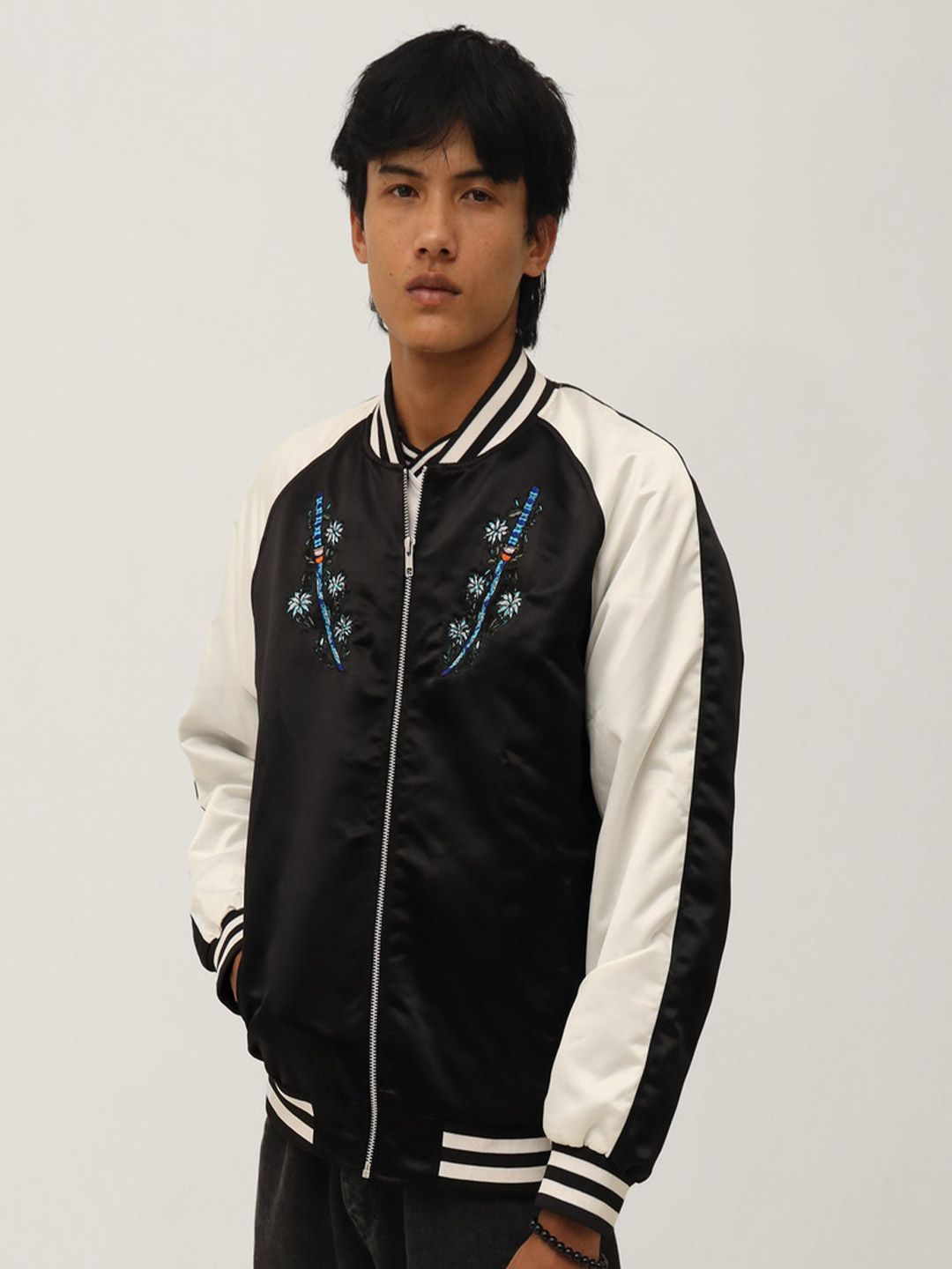 KALICO Men Mandarin Collar Floral Bomber Jacket
