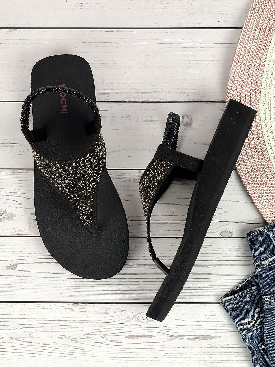 Mochi Round Toe Embellished T-Strap Flats