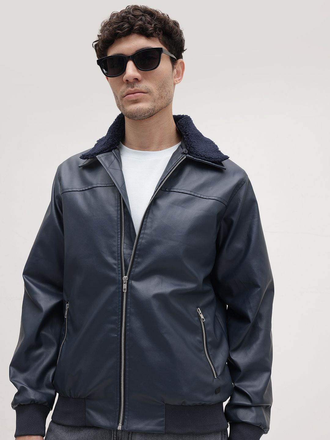 The Roadster Life Co. Faux Leather Spread Collar Bomber Jacket with Sherpa Detail