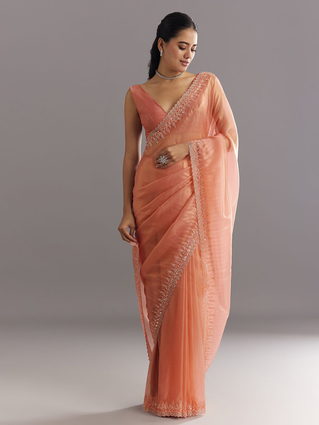 KALKI Fashion KALKI Fashion Solid With Embroidered Sequined Tissue Saree