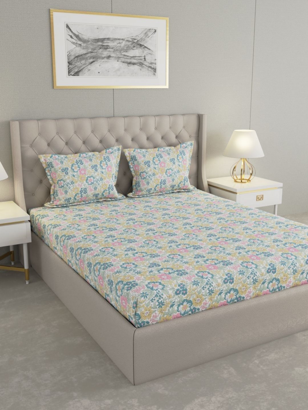 Raymond Home Raymond Home White & Blue 110TC Microfiber Double Queen Bedsheet Set 1.83 m x 1.98 m